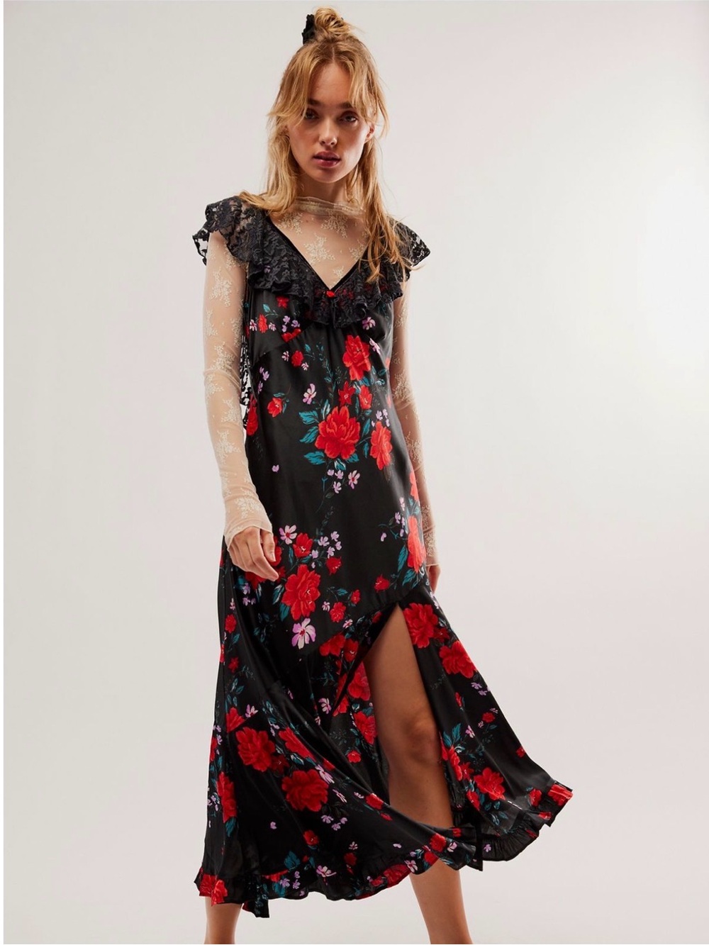 Free People Black Maxi Dress with Red Floral Print